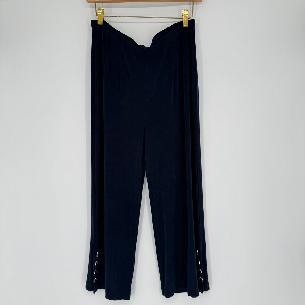 Chicos Wide Leg Pants Womens 12P Navy Slinky Knit Button Hem Coastal Minimalist